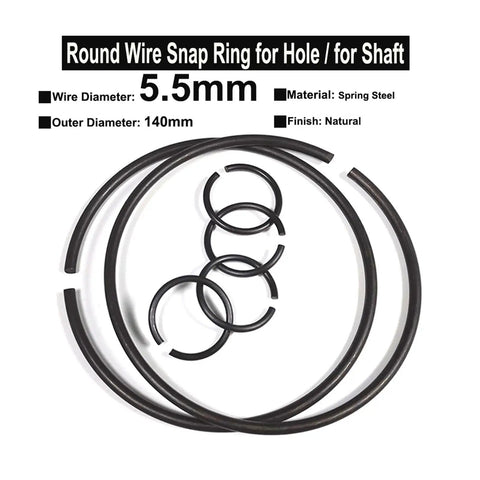 Super Durable 5.5mm Spring Steel Round Wire Retaining Rings For Shaft OD 140mm displayed with multiple snap rings for axial constraints.