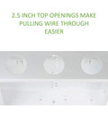 Top view of 28 Inch In Wall Structured Wiring Enclosure With Screw On Cover For Clean Hidden Wall Install No Mess, 2.5 inch openings visible.