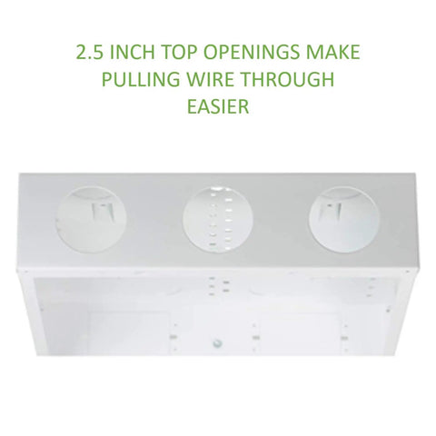 Top view of 28 Inch In Wall Structured Wiring Enclosure With Screw On Cover For Clean Hidden Wall Install No Mess, 2.5 inch openings visible.