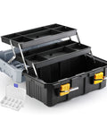 Heavy Duty Three Tier Folding Toolbox With Secure Steel Latch And Slick Compartments For Hammers Pliers Screwdrivers Wrenches, open view showing sliding tiers.