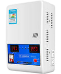 Automatic Single Phase Voltage Regulator Converts 120V To 220V With 6800W Knockout Capacity showing dual digital panel display.