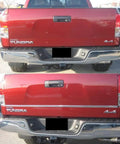 Rear view of red Toyota Tundra with chrome bumper trim molding, self-adhesive