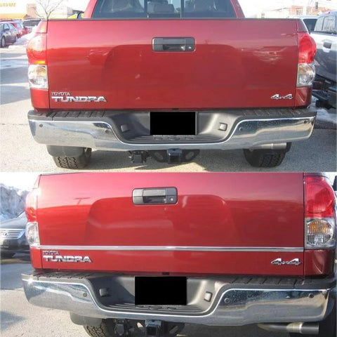 Rear view of red Toyota Tundra with chrome bumper trim molding, self-adhesive