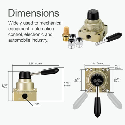 Rotary Lever Hand Valve HV-04 for Pneumatic Systems with dimensions, 3 Position 4 Way, 1/2 Inch NPT inlet outlet shown in diagram