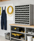 Beefy Cold Rolled Steel 72 Opening Pigeon Hole Bin For Garage Storage, Powder Coated Gray Bolt Bins And Parts Organizer on workbench