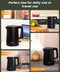 Compact Electric Kettle For Tea And Coffee 0.8L 27 Oz Double Wall Stainless Steel Space Saving Mini Hot Water Heater shown in various settings.