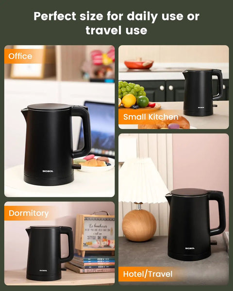 Compact Electric Kettle For Tea And Coffee 0.8L 27 Oz Double Wall Stainless Steel Space Saving Mini Hot Water Heater shown in various settings.