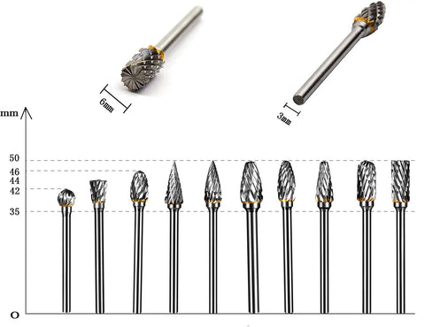 Ten Piece Pro Grade Tungsten Carbide Double Cut Rotary Burr Set With 3 Mm Shank And 6 Mm Head showing different bit profiles.