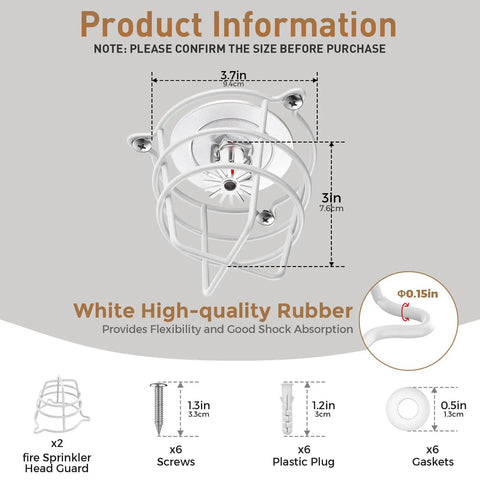 Pack Of Two White Fire Sprinkler Head Guards Offering Serious Tough As Nails Defense For 1 2 Inch And 3 4 Inch with dimensions shown.