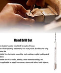 Rock Solid Double Hand Drill With Premium Brass Body And Dead Simple Twist Grip Perfect For Precision Hobby Work And Electronic Assembly, shown in use carving wood.