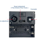 Back of All In One Clock Repair Kit with quartz movement and chimes, showing volume adjustment and music selection features.