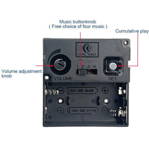 Back of All In One Clock Repair Kit with quartz movement and chimes, showing volume adjustment and music selection features.