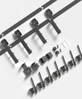 6 Ft Cabinet Bypass Sliding Barn Door Hardware Track Kit components including rail, nylon rollers, screws, and tools.