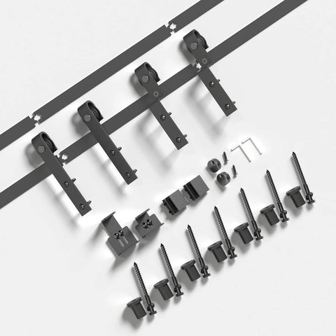 6 Ft Cabinet Bypass Sliding Barn Door Hardware Track Kit components including rail, nylon rollers, screws, and tools.