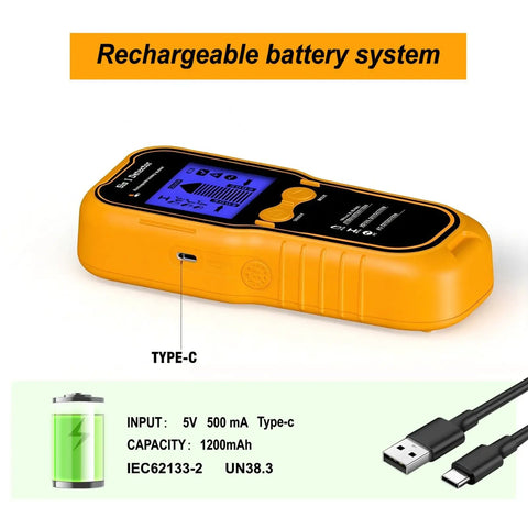 AUNMAS ABS Construction Handheld Stud Finder Wall Scanner with LCD Display showcasing Type-C charging port and battery details.