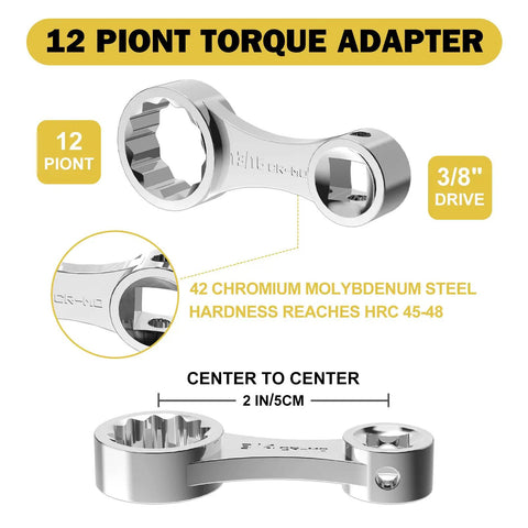 10 Piece SAE Torque Adapter Set With 12 Point Box Ends Covering 5/16 To 7/8 Inch, 3/8 Inch Drive Extension, Auto Repair Essentials For Tight Spaces, Pro Grade Wrench Kit Built For DIYers And Pros. 12-point 3/8-inch drive chrome molybdenum steel torque adapter