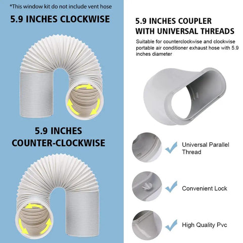 5.9 inch exhaust hose and coupler for Portable AC Window Kit With Adjustable Vertical And Horizontal Sliders Universal Window Plate Seal