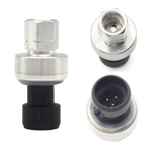 AC Pressure Switch Sensor For GM Vehicles with metal and plastic components, showing 3-pin design and 10.5 mm thread.