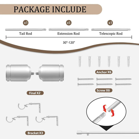 Package contents of Heavy Duty Adjustable Curtain Rod Set In Silver Finish 1 Inch Diameter Extends From 30 To 120 Inches
