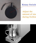 Hassle Free Automatic Espresso Maker With Quick Milk Frother And Programmable Timer Keeps Coffee Warm Solid Silver Design showing rotary switches for steam adjustment.