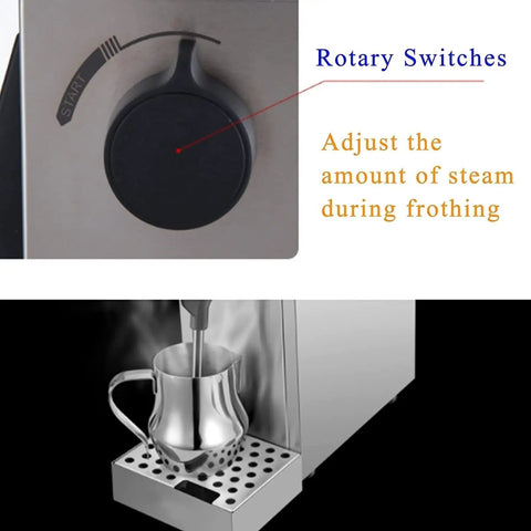 Hassle Free Automatic Espresso Maker With Quick Milk Frother And Programmable Timer Keeps Coffee Warm Solid Silver Design showing rotary switches for steam adjustment.
