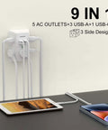 Heavy Duty Surge Protector Wall Charger With Five AC Outlets And Four USB Ports Plugs Fit Perfectly Zero Drama Setup For Home Office Dorm Built In Safety Tech White No Hassle, showing device with tablets.