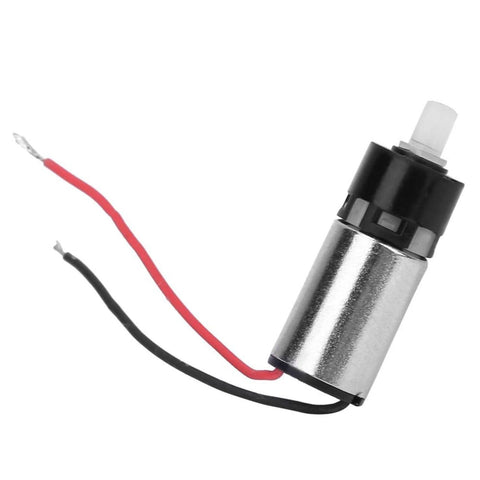 Side view of a small silver cylindrical DC gear motor with red and black wires