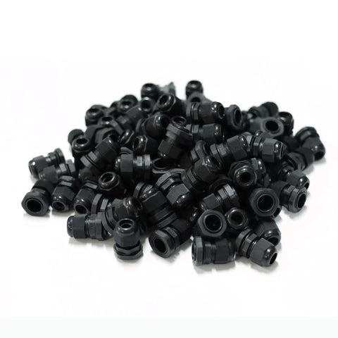 Waterproof PG7 Cable Gland Connector In Black Plastic Adjustable IP68 M12 Thread Includes Locknut And Rubber Ring Fits 3.5 To 6 Mm Wire 100 Pack Beefy PA66 Nylon Construction For Harsh Environments, pile view