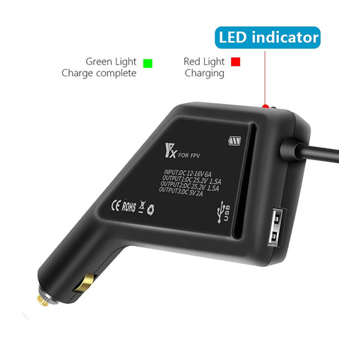 Close-up of black 3 In 1 Battery Charger Hub For DJI FPV Drone And Remote Controller Fast 12V DC with LED indicators.