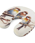 Birds Resting On Tree Branch Inspired U Shaped Travel Neck Pillow For Air Travel Super Cozy Neck And Head Support Perfect For Long Haul Flights And Office Naps Ergonomic Portable Adjustable For Real Sleep Anywhere in white with birds design.
