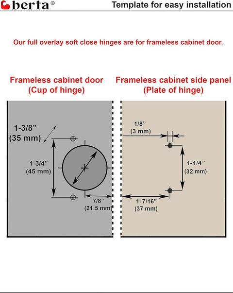 Berta 2-pack frameless full-overlay soft-close cabinet hinges diagram: cup hinge on door, plate hinge on side panel with dimensions