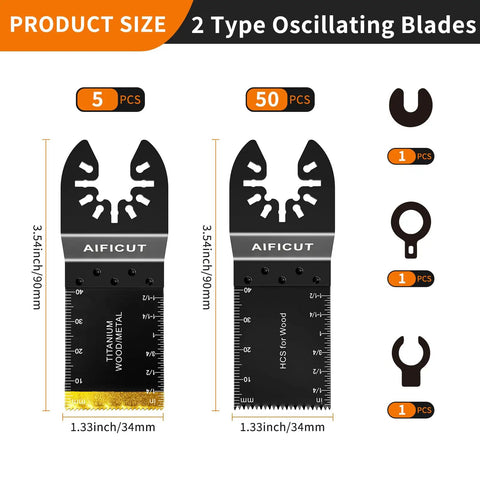 55 Piece Oscillating Tool Blade Kit With Quick Release Universal Blades For Wood Plastic Metal showing 5 and 50 blade count