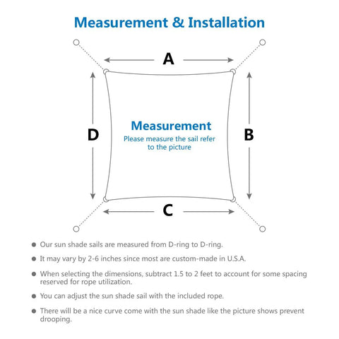 Measurement and installation guide for Square 7 By 7 Brown Sun Shade Sail Canopy UV Block, showing D-ring and curve details.