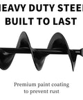 3x24 Inch Garden Auger Drill Bit Set with text Heavy Duty Steel Built to Last, showing durable steel construction and paint coating.