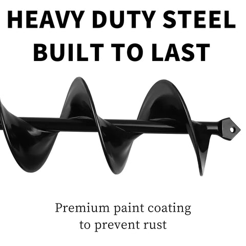 3x24 Inch Garden Auger Drill Bit Set with text Heavy Duty Steel Built to Last, showing durable steel construction and paint coating.