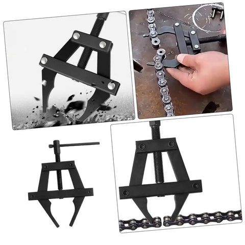 Beefy Motorcycle Chain Tensioner Tool Heavy Duty Steel Chain Adjuster shown in use for quick tightening on motorcycle chain.