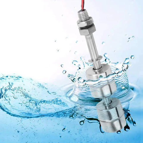 Stainless Steel Double Ball Float Switch for Water Level Control in Tanks, Pools, Sinks, and Fish Tanks, shown in water splash