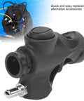 BCD Inflator Valve For Dive Gear Low Pressure Mini K Shape 3/4 Inch Hose Adapter; compact black inflator with jacket BCD backdrop.