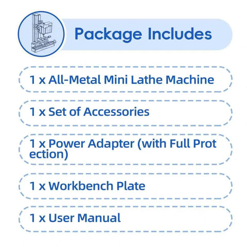 Package includes items for the Top Tier Mini Metal Milling Machine And Vertical Mill Lathe With Slick Electroplated Body 36 Watt Motor 20000 RPM.