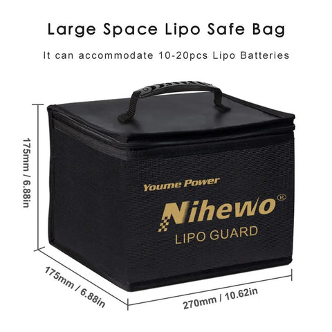 Black Heavy Duty LiPo Battery Storage Bag Fireproof And Explosionproof With Large Capacity Safe Pouch for Easy Storage Transport and Charging, dimensions printed, durable handle, mesh pocket, heat resistant design.