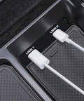 Center Console Organizer Tray For Porsche Cayenne 2018 2023 with USB ports, sleek ABS plastic design for organizing small items.