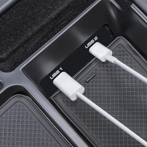 Center Console Organizer Tray For Porsche Cayenne 2018 2023 with USB ports, sleek ABS plastic design for organizing small items.