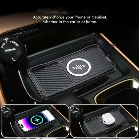 Road Ready Wireless Charging Pad With Quick Snap Fit Setup For Gmc Acadia And Hummer Ev Suv Center Console, featuring non-slip surface and power icon.