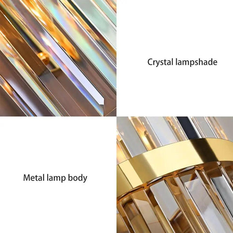 Top Shelf Crystal Wall Sconces With Brushed Black Metal and Sleek Bedroom Vanity Light For Bathroom Fixture showing crystal lampshade and metal body.