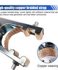 Close-up of Heavy Duty 500A Copper Welding Ground Clamp with braided copper strap and electroplated grip
