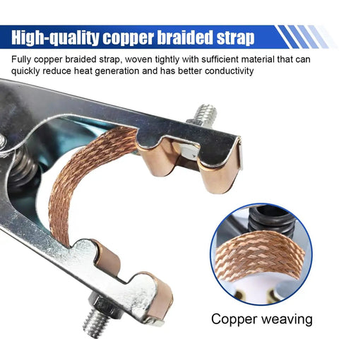 Close-up of Heavy Duty 500A Copper Welding Ground Clamp with braided copper strap and electroplated grip
