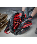 Heavy Duty Canvas Jobsite Backpack With 48 Pockets And Ultra Comfortable Load Bearing Harness, showing tools organized inside.