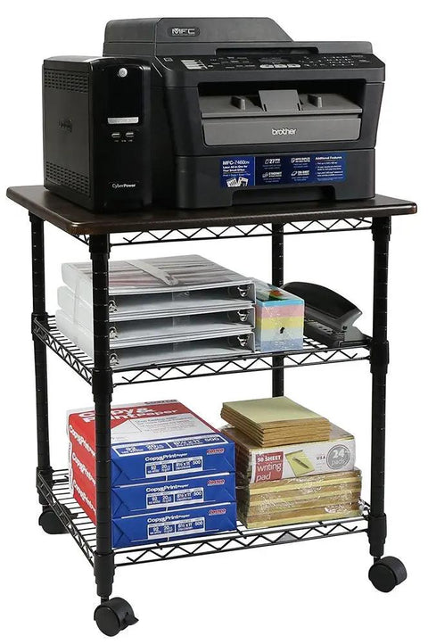 Rock Solid Three Tier Printer Stand Desk Organizer In Sleek Black Finish Scratch Resistant Laminate Top With Heavy Duty Steel Frame For Clean Home Office Setup And No Nonsense Desktop Storage Solutions