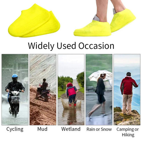 Waterproof Silicone Shoe Covers For Rain Reusable Non Slip Rubber Rain Shoes Covers For Cycling Outdoor With Non Slip Sole Fits Men Women Kids Large Black shown in various outdoor settings including cycling, mud, wetland, rain, and hiking.