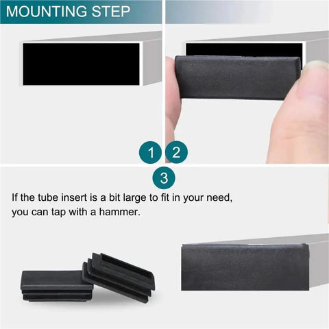 Heavy Duty Black Rectangle Tube End Caps 20 Pack Square Plastic Furniture Glides shown on application steps for easy installation.